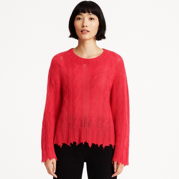 NEW ANTHROPOLOGIE Posey Stitchy Distressed Sweater Petite XS Hot Pink Wool Blend - Picture 1 of 16